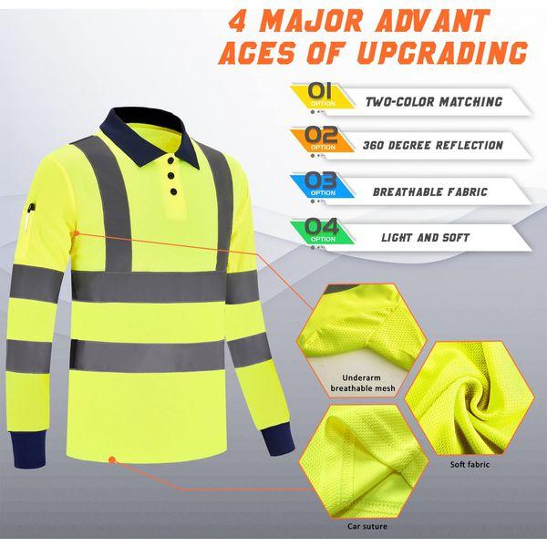 AYKRM Hi Viz Polo Shirts Reflective Tape Safety Security Work Button T-Shirt Breathable Lightweight Double Tape Workwear Top(XS-8XL 4