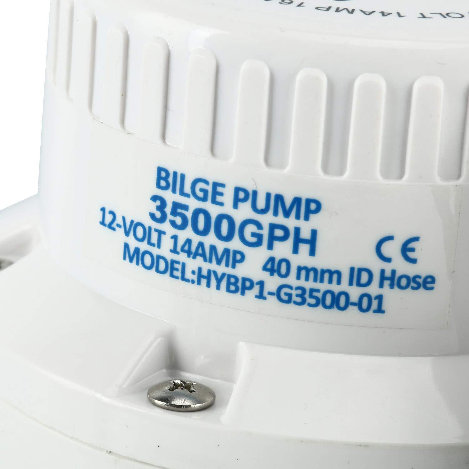 DasMorine 3500 GPH 12v Boat Marine Plumbing Electric Bilge Pump 1 1/2"(40MM) Outlet 12 AMP 15 AMP Fuse 4