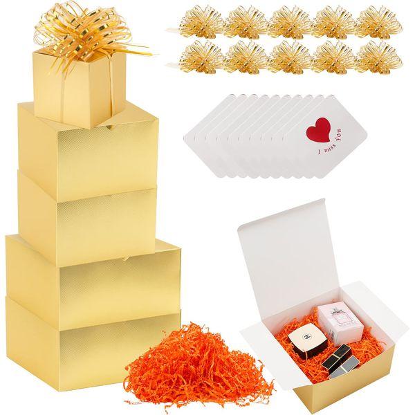 Kattepote Gold Gift Boxes set, Includes Crinkle Cut Paper Filler, Pull Ribbon Bows, Greeting Cards, For Party Favor Boxes, Show Decoration Boxes, Christmas Gift Boxes, Wedding Boxes (4x4x4In.-30pack)