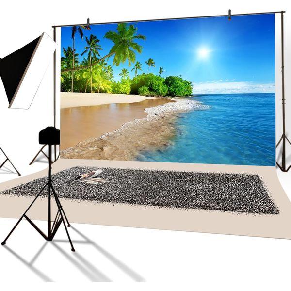 YongFoto 3x2m Vinyl Beach Photo Backdrop Seaside Landscape Blue Sky White Clouds Palm Tree Beach Backdrop for Photography Party Luau Scene Setters Personal Portrait Photo Background Studio Props 1