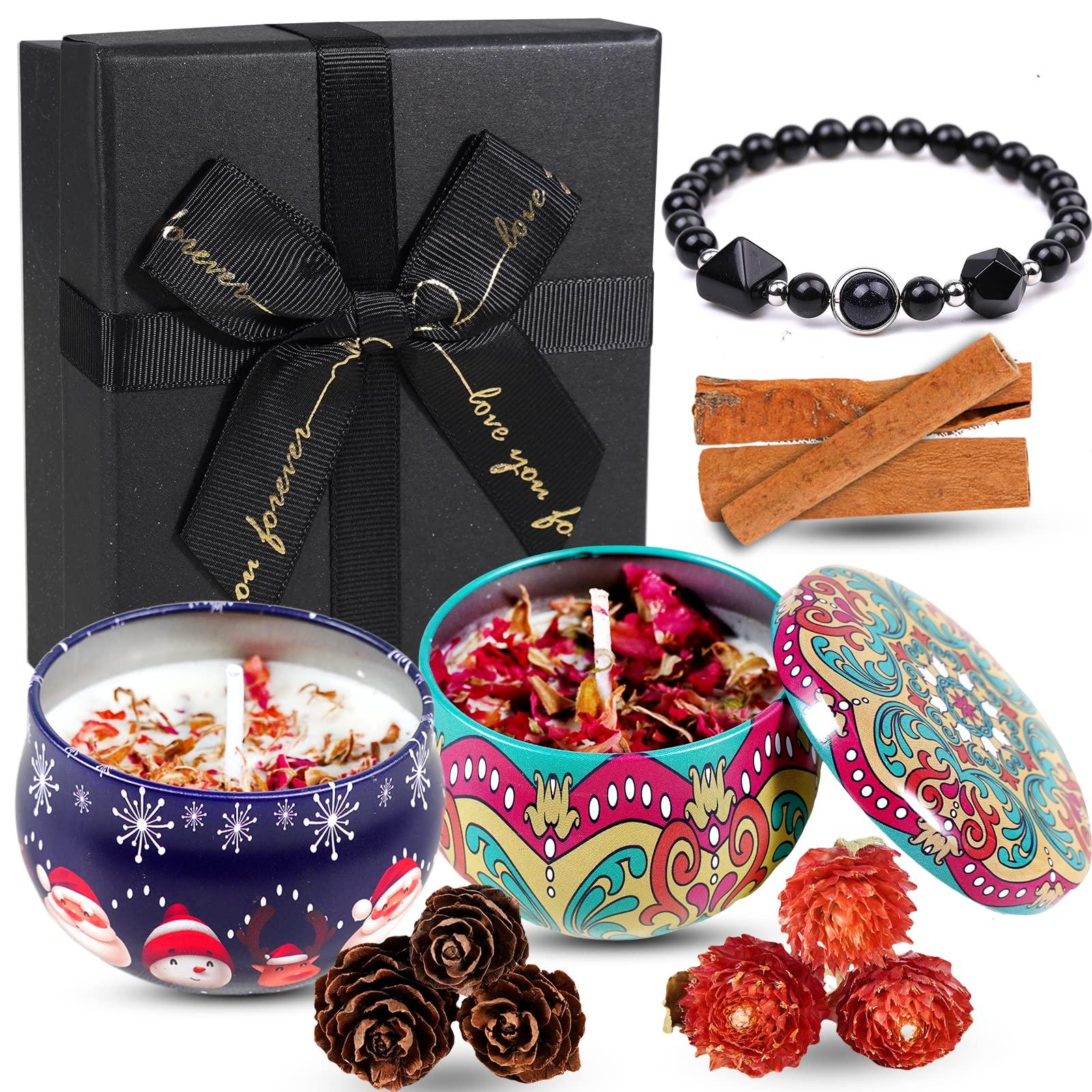 Soulnioi Scented Candle Gift Set: 2pc Soy Wax Tin Candle (Orange+Lime) with DIY Kit(Cinnamon,Pine Cone,Dried Flowers), 1pc Obsidian Beaded Yoga Bracelet, Gift for Home Fragrance Aromatherapy 0