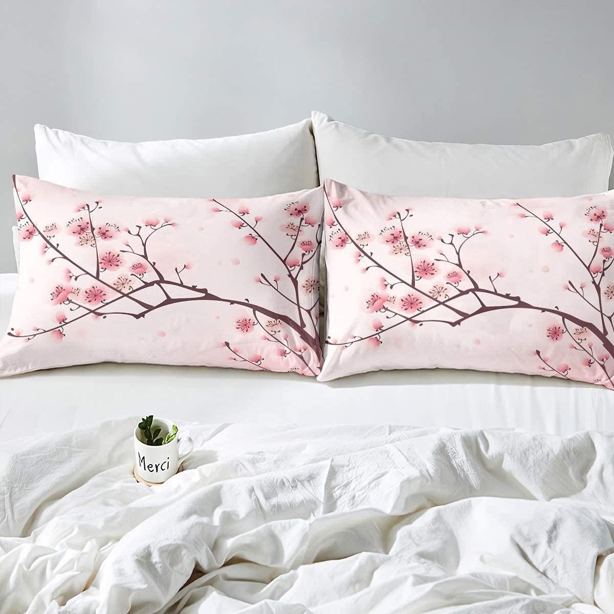 Cherry Blossoms Duvet Cover Set Sakura Flowers Branch Comforter Cover Pale Pink Bedding Set For Girly Girls Teens Kids Child,Japanese Spring Quilt Cover Single Size 1 Duvet Cover With 1 Pillow Case 4