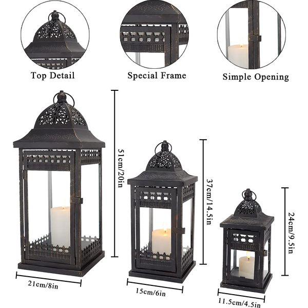 JHY DESIGN Candle Holders Set of 3 Decorative Candle Lanterns 51&37 &24 cm High Vintage Style Hanging Lantern Metal Candleholder for Indoor Outdoor Events Parities and Weddings(Black with Gold Brush) 2