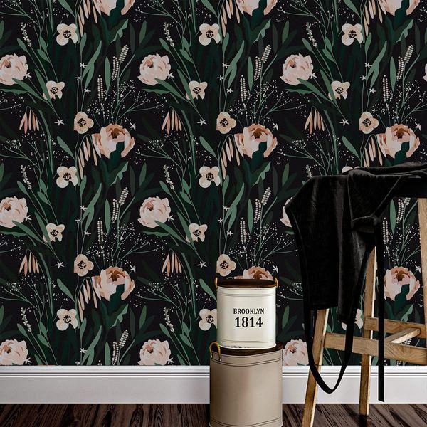 VaryPaper Floral Pink Wallpaper Green Leaf Contact Paper Black Vinyl Self Adhesive Botanical Wall Art Deco Flower Wall Paper for Living Room Bedroom Furniture Vinyl Wrap for Kitchen Cupboards 45cm×3m 4