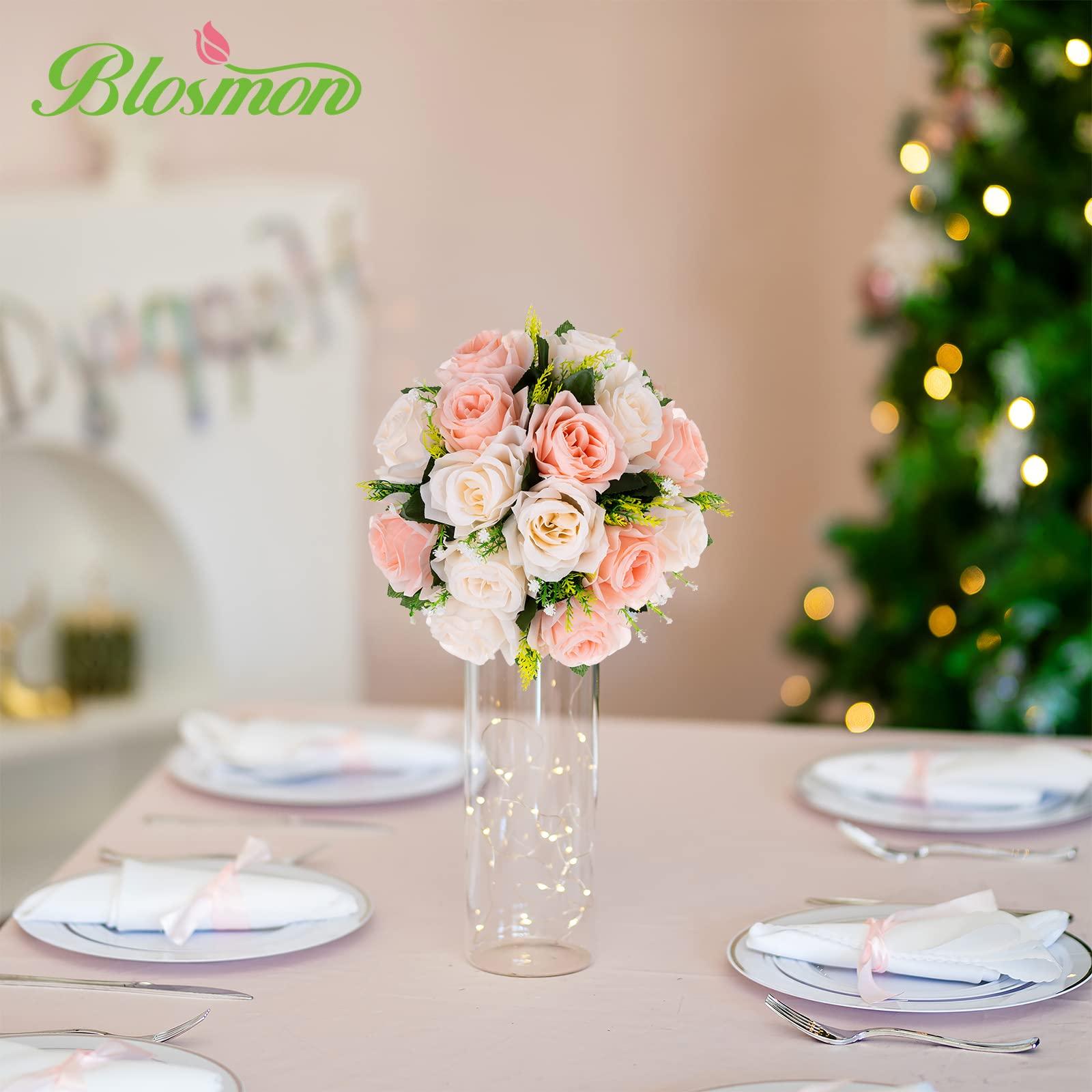 BLOSMON Flower Centerpieces for Tables Wedding Fake Flowers Rose Arrangement 2 Pcs Bouquet Blush & Cream Floral Centerpiece Balls Artificial Wedding Center Pieces of Valentines Day Home Decor 2