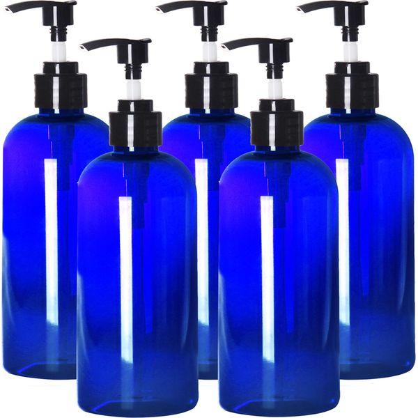 Youngever 5 Pack 500ML Plastic Pump Bottles, Refillable Plastic Pump Bottles (Blue)