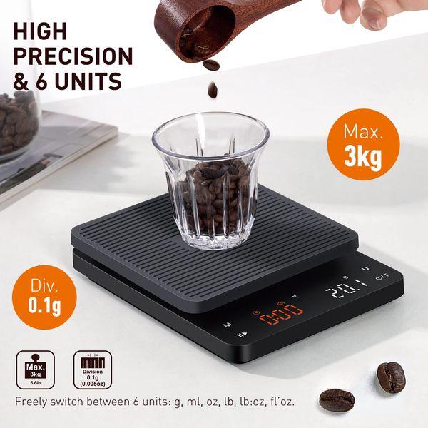 BAGAIL Digital Coffee Scale with Timer, 0.1g High Precision Electronic Kitchen Scale with Large Display, Auto Tare and Touch Sensor Button, Rechargeable Weighing Scale for Drip Coffee, Max Weight 3kg 2