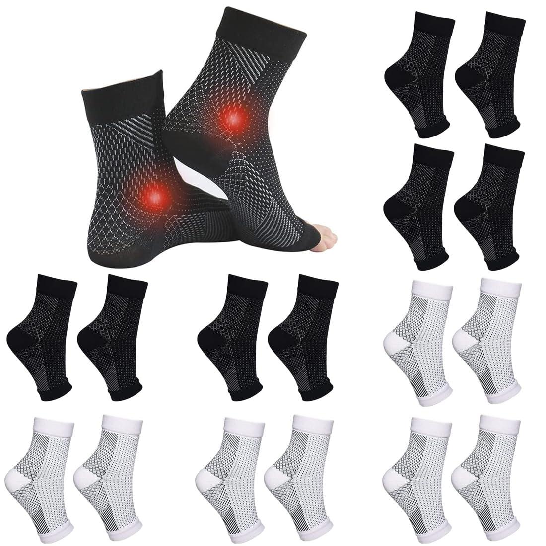 cheap4uk 4 Pairs Neuropathy Socks Compression Socks for Women & Men Plantar Fasciitis Socks Ankle Support Brace for Sprained Ankle Breathable Anti-Slip Soothe Socks for Pain Relie(4White+4Black,8-11) 0