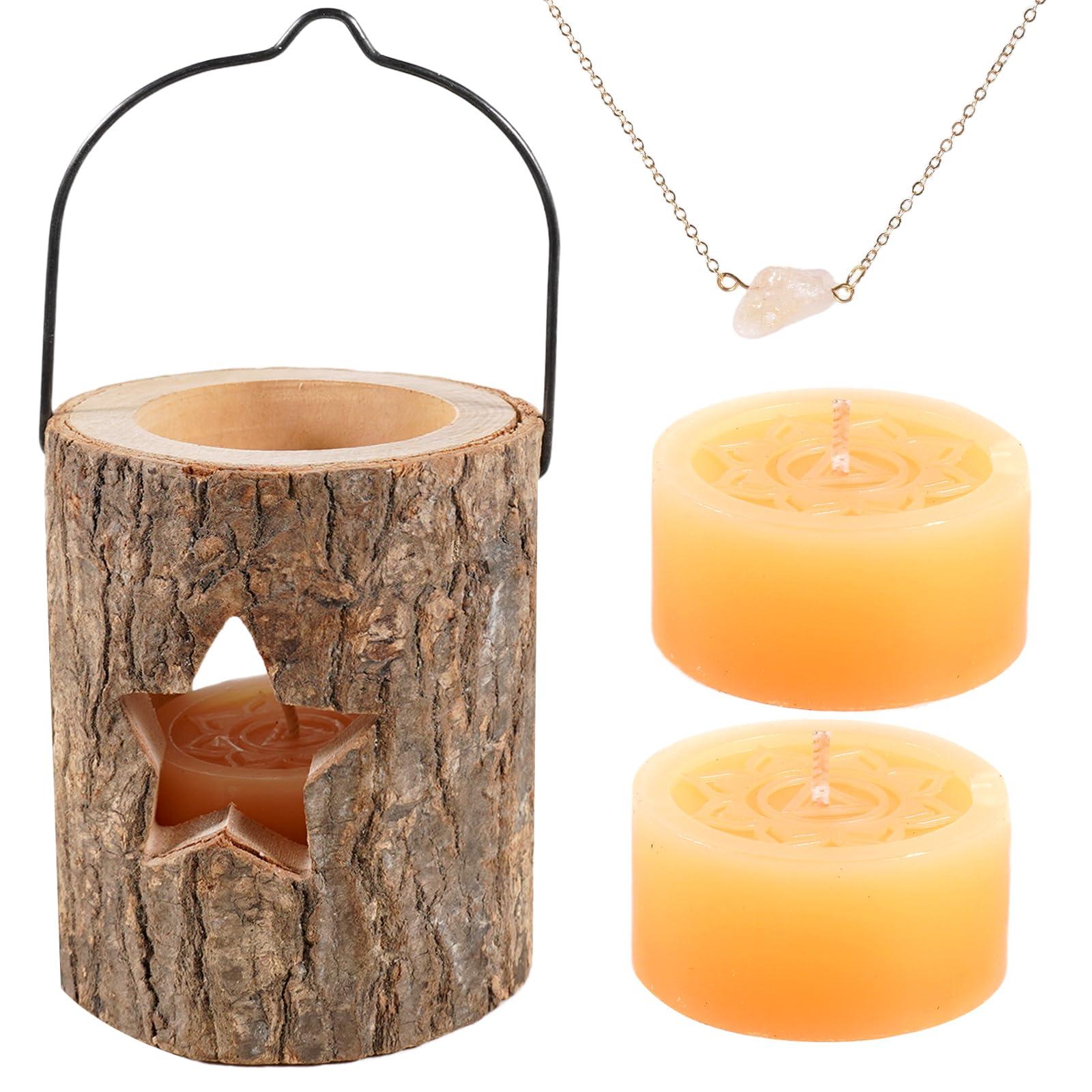 Soulnioi Wooden Tealight Candle Holder Decoration Holder for Home Wedding Christmas Party Decoration, with 2pcs Tealight, 1pc Natural Crystal Stone Pendnat Necklace 0