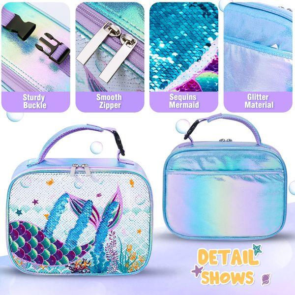 Sequin Mermaid Kids Backpack Set - Sparkly School Backpack with Lunch Bag for Girls Toddler Preschool Kindergarten Elementary 15” Hiking Travel Blue Laptop Book Bag Insulated Lunch Tote Bag 3