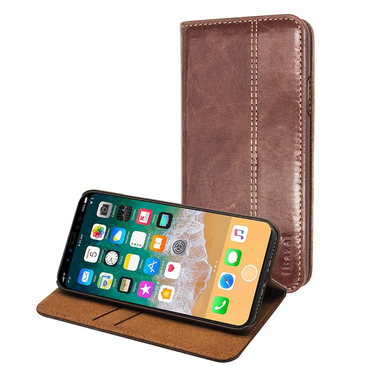 iBazal iPhone XS Case Leather, iPhone X Case Genuine Leather Case Ultra Soft Flip Cover Protective Stand Case with 2 Card Slots Compatible iPhone XS 5.8'' 2018/iPhone 10 5.8'' 2017 - Brown