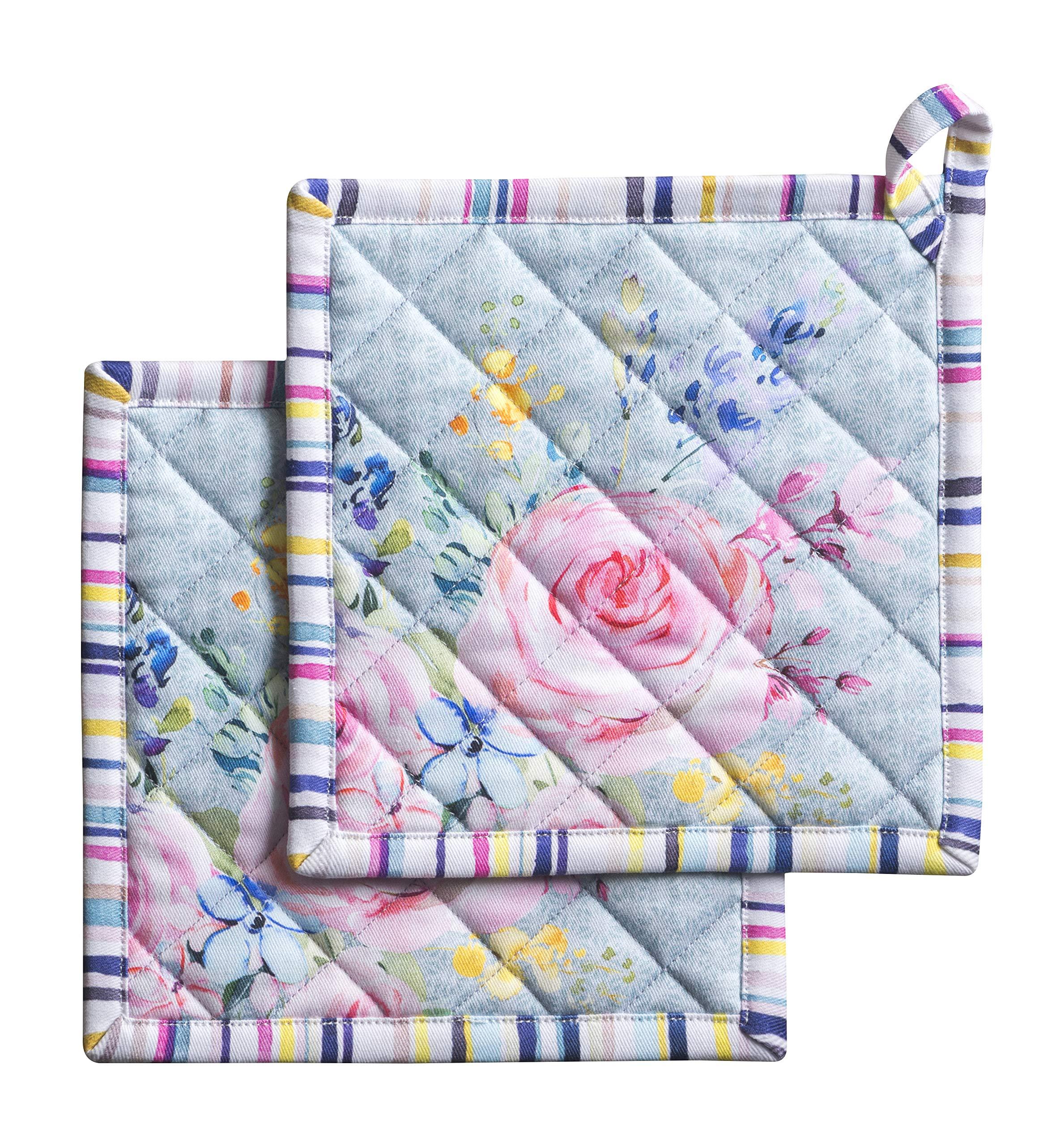 Maison d' Hermine Hot Pads 100% Cotton Easter Pot Holder Set of 2 (20 cm x 20 cm) with Loop Heat Resistant for Cooking, Baking, Grilling, BBQ Sweet Rose Lavender - Lush Lavender Roses - Spring/Summer