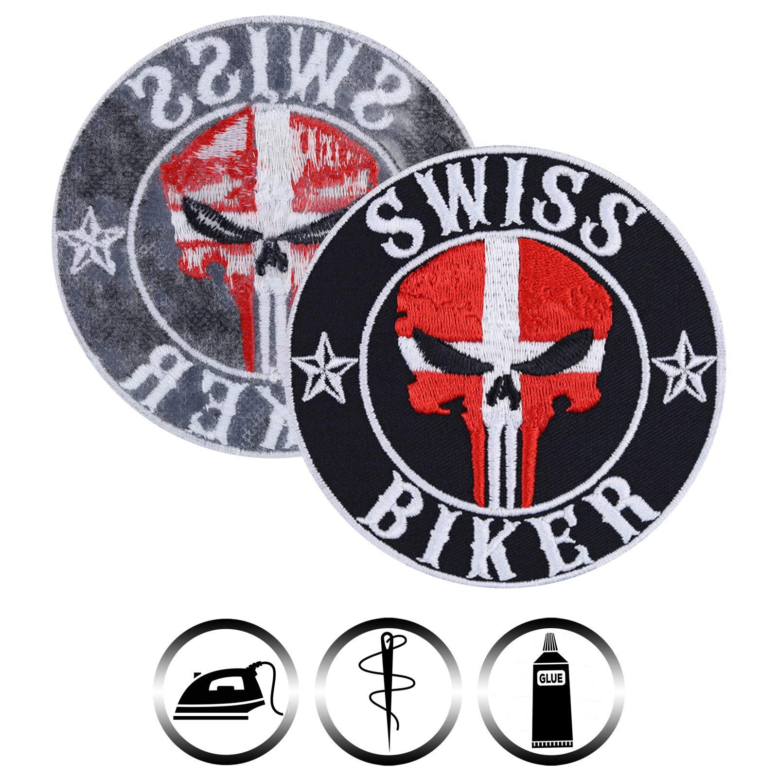 Swiss Biker - Switzerland Flag Skull Embroidered Iron on Patches for Motorcycle Riders, Bikers | Swiss Sew on Country Flag Applique Patches for for All Fabrics | 90X90 mm 1