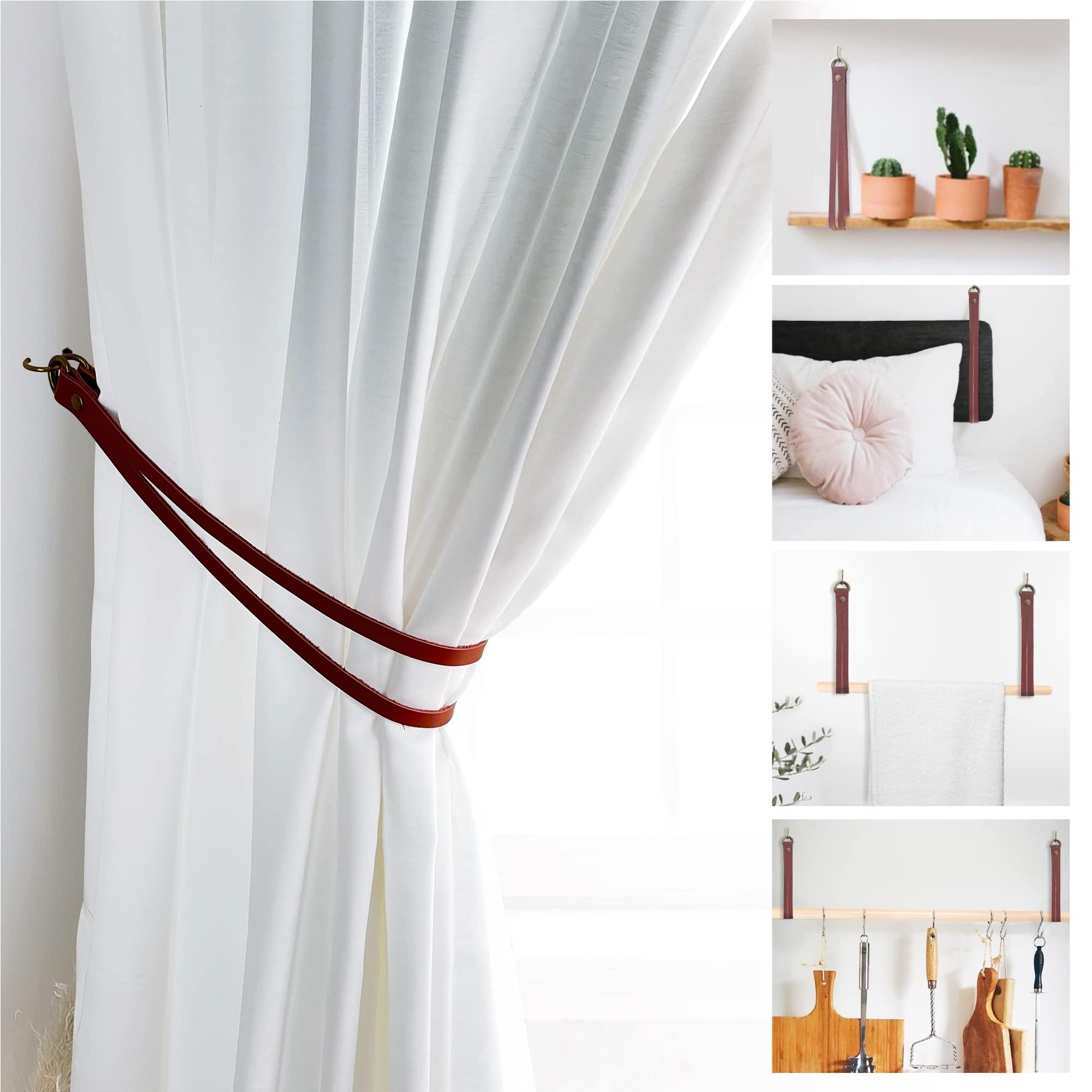 Set of 2 curtain tiebacks made of cowhide. Designer tiebacks. Use them as a wall decoration hanger or a bathroom accessory. Includes wall anchor hooks. (Brown)