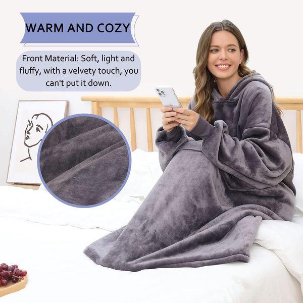 FUSSEDA Oversized Wearable Blanket Sweatshirt,Super Thick Warm Fleece Sherpa Cozy Blanket Hoodie with Pockets&Sleeves for Adult Kids Dark Grey 4