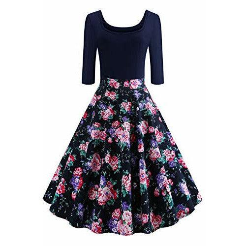 AXOE Womens 1950s Vintage Rockabilly Dresses with Floral Print Knee Length Print 11, Size 8, S 0
