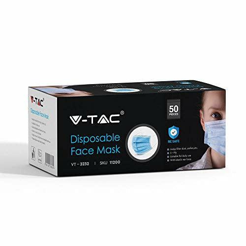 V-TAC Face Masks with Ear Loop Disposable Type (Medical) Non-Woven, 3-Layer, Internal Point 50 Pieces Per Box (UK Stocks Available) 0