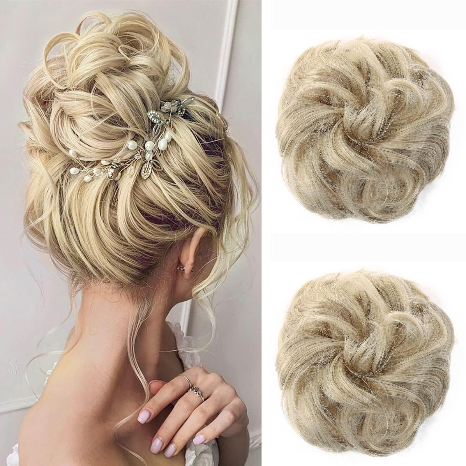 JJstar 2PCS Messy Bun Hair Piece Curly Fake Hair Buns Donut Tousled Updo High Heat Resistant Synthetic Fiber Hair Scrunchies Pieces for Women Girls Ponytail Extension(Pale Ash Blonde) 0