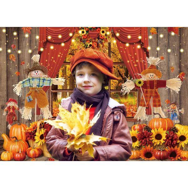 Autumn Window Backdrop for Photography 8x6FT Natural Scenery Scarecrow Harvest Pumpkins Sunflower Fall Theme Wooden Background Kids Birthday Party Decor Photo Props 2