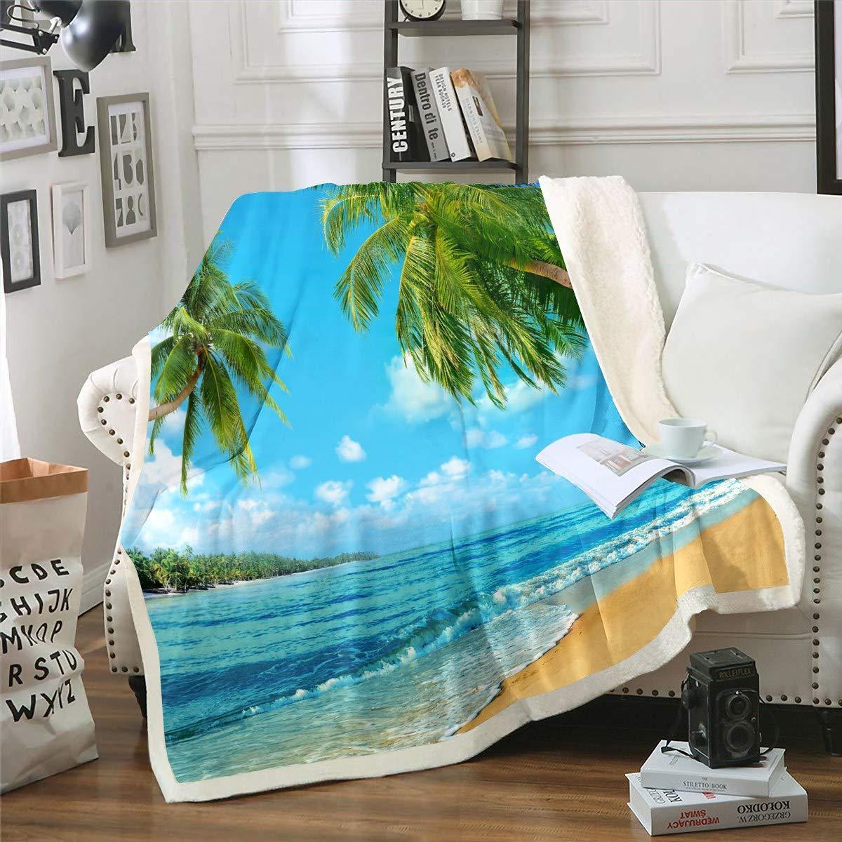Ocean Beach Themed Fleece Throw Blanket Tropical Palm Tree Sherpa Blanket for Sofa Couch Bed Women Blue Sea Plush Blanket Hawaiian Summer Warm Fuzzy Blanket Bedroom Decor Baby 30"x40"
