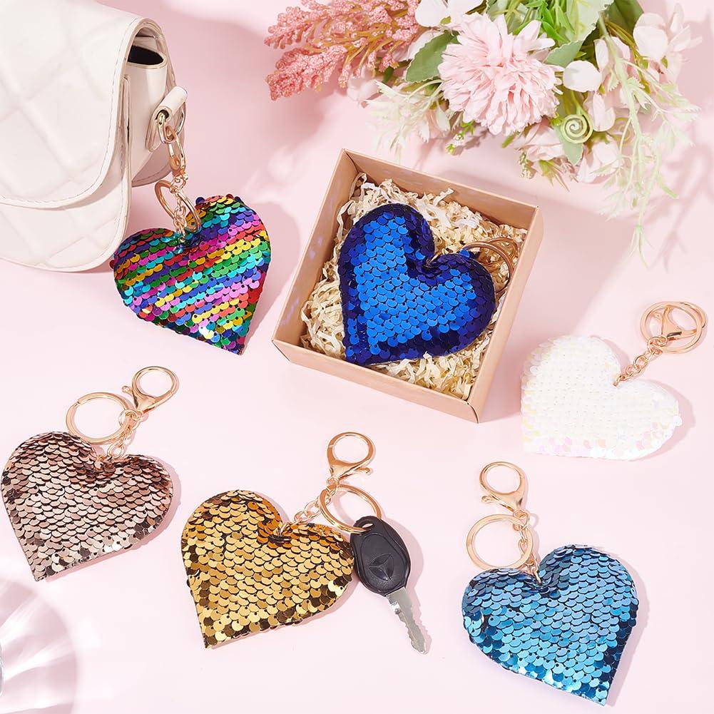 WADORN 6 Pieces Sequin Love Heart Keychain, Assorted Color Sparkly Bing Keychains Car Key Ring Holder Women Backpack Handbag Charms Phone Purse Decoration Pendent Accessories Valentines Gift, 13cm 4