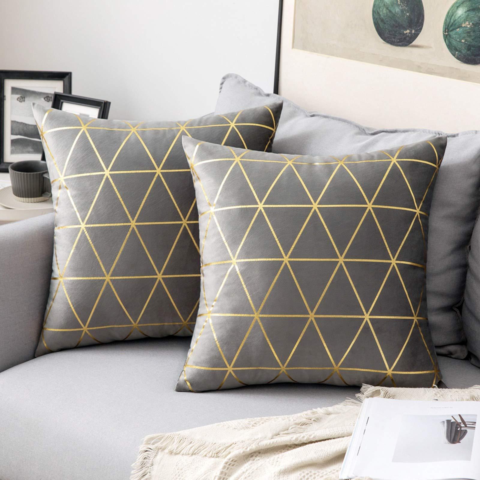 MIULEE Velvet Cushion Cover Gilded Throw Pillow Covers with Gold Lines Triangle Pattern Square Decorative Soft Home for Sofa Living Room Bedroom Grey 18 x 18 Inch 45 x 45 cm Pack of 2 0