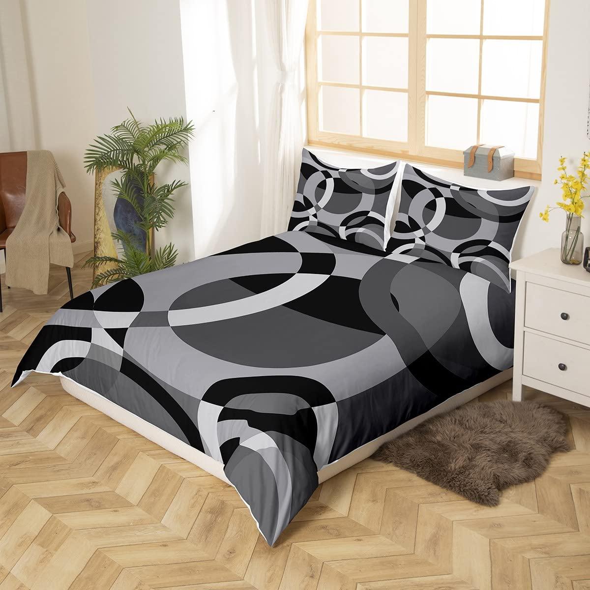 Loussiesd Circle Geometry Bedding Set Kids Gray Black Swirl Comforter Cover Set for Women Men Adults Modern Stripes Duvet Cover Breathable Geometric Bedspread Cover Single Size 1