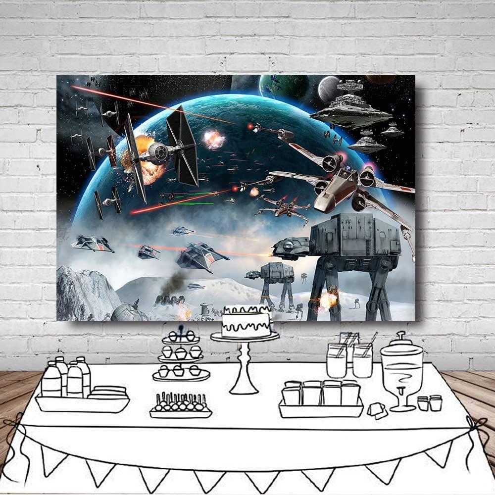 LYWYGG 8x8FT Outer Space Backdrop Galaxy Wars Photo Backgrounds Boys Party Supplies Black Stars Science Fiction Photography Backdrop Kids Birthday Decorations Banner CP-248-0808 3