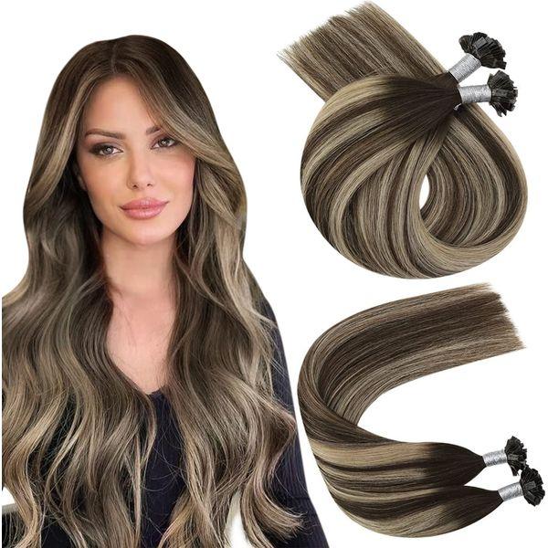 Ugeat Human Hair Extensions Flat Tip 18 Inch Flat Tip Hair Extensions Balayage Brown with Ash Blonde #4/18/4 Tips Hair Extensions Keratin 50 Grams Hot Fusion Hair Extensions Real Human Hair 0