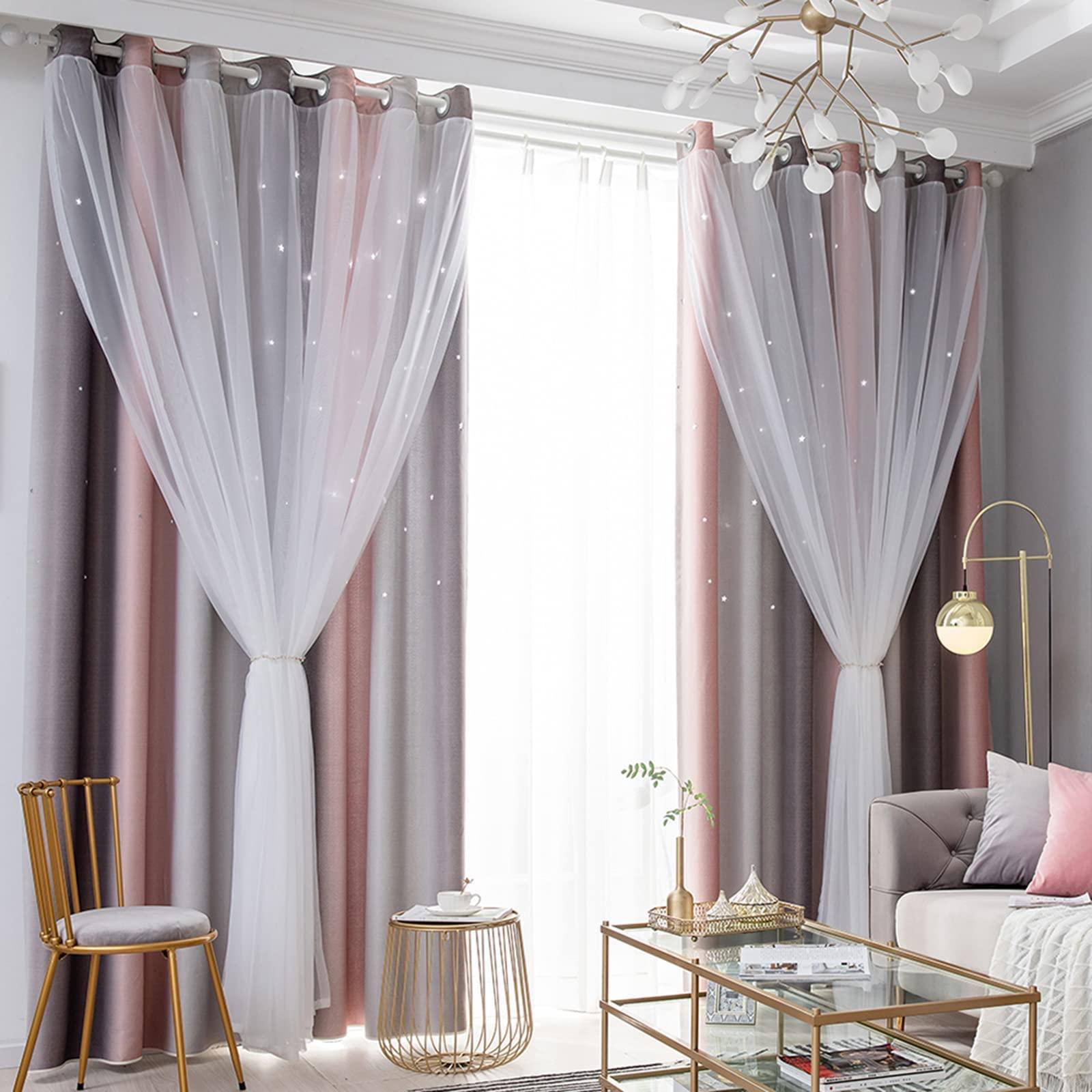 Lanqinglv Girls Curtains with Sheer Net - Kids Room 2 Panels Stars Blackout Curtain with Hollow Out Design,Pink Grey Double Layer Star Cut Out Living Room Window Curtains Nursery,W 52 in x L 63 in 2