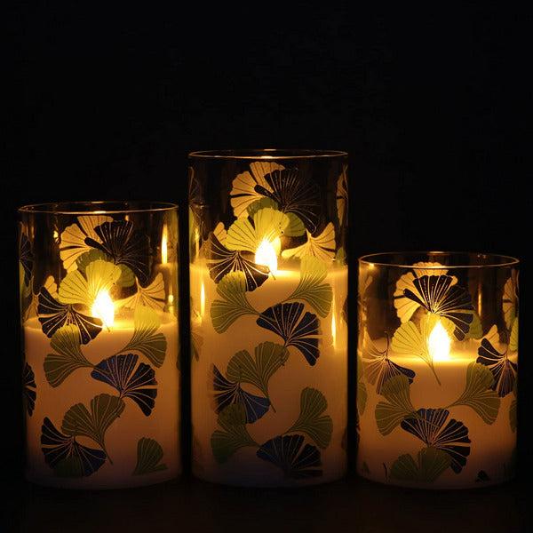 Ginkgo Leaves Pattern Glass Battery Operated LED Candles with Timer, Flameless Candles for Spring & Summer Home Decor, Batteries Included - Set of 3 1