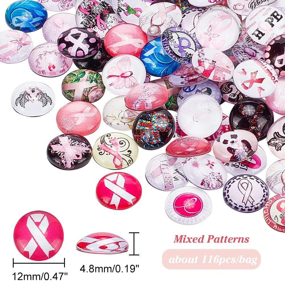 PH PandaHall 116pcs Pink Awareness Ribbon Glass Cabochons, 12mm Silk Ribbon Printed Picture Mosaic Tile Half Round Cabochon Beads for Breast Cancer Charity Event Survivor Necklace Jewellery Making 1