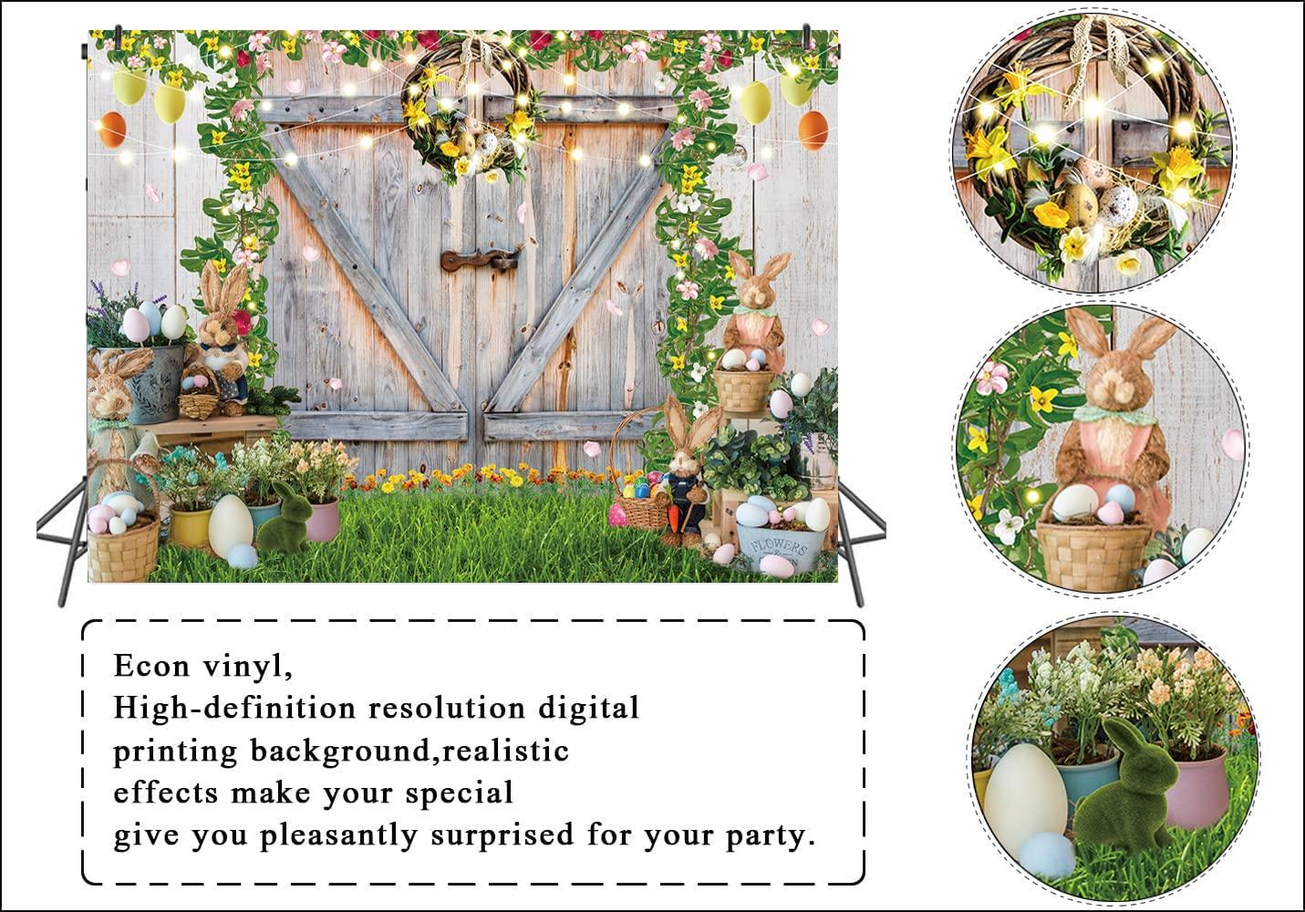 8x6ft Easter Backdrop Spring Garden Rabbit Eggs Photography Background Rustic Wooden Barn Door Floral Grass Bunny Stand Decoration Pary Supplies Baby Shower Banner Background 4