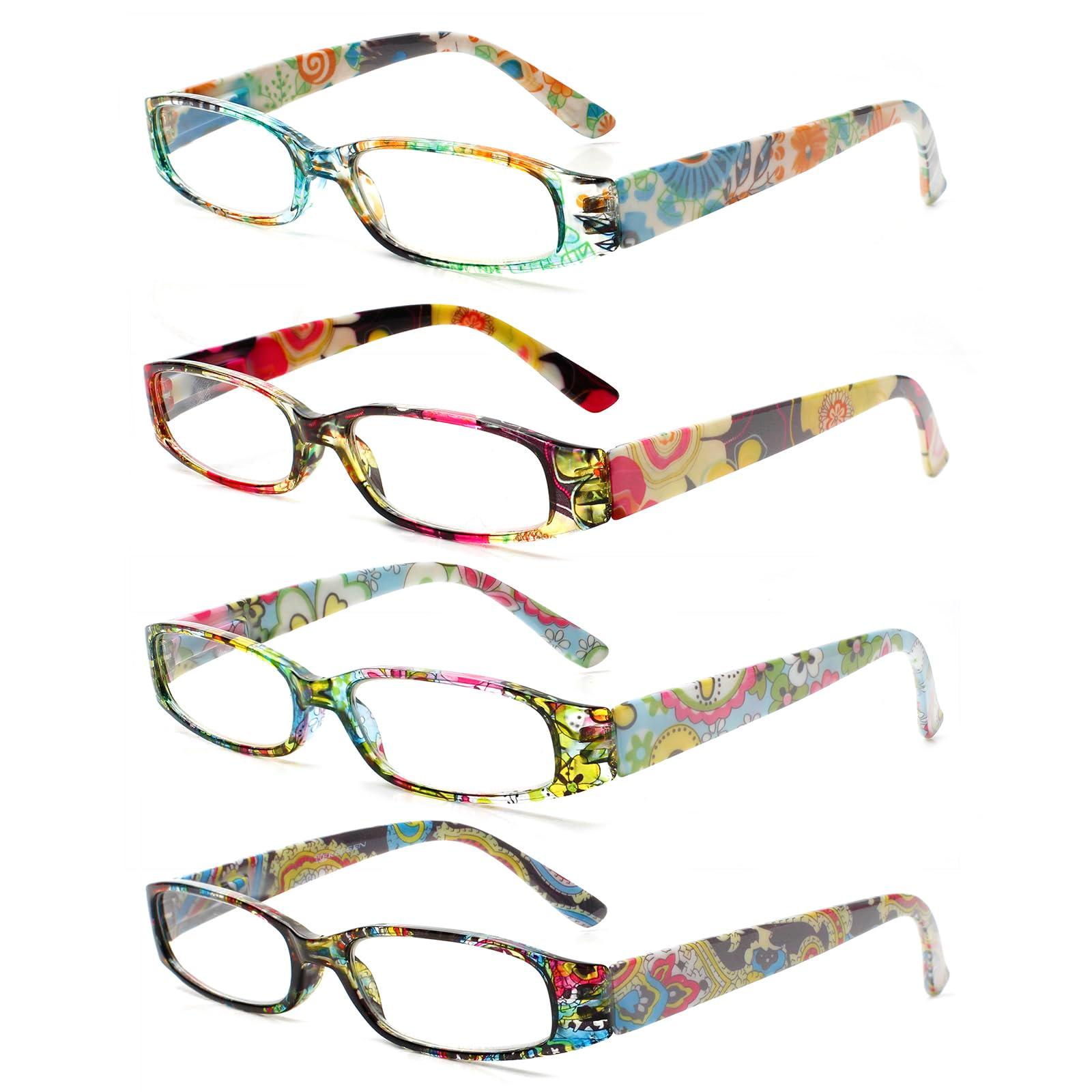 Kerecsen 4 Pack Reading Glasses Women Spring Hinge Rectangle Frame Readers for Women (4 Mix Color, 0.50, multiplier_x) 0