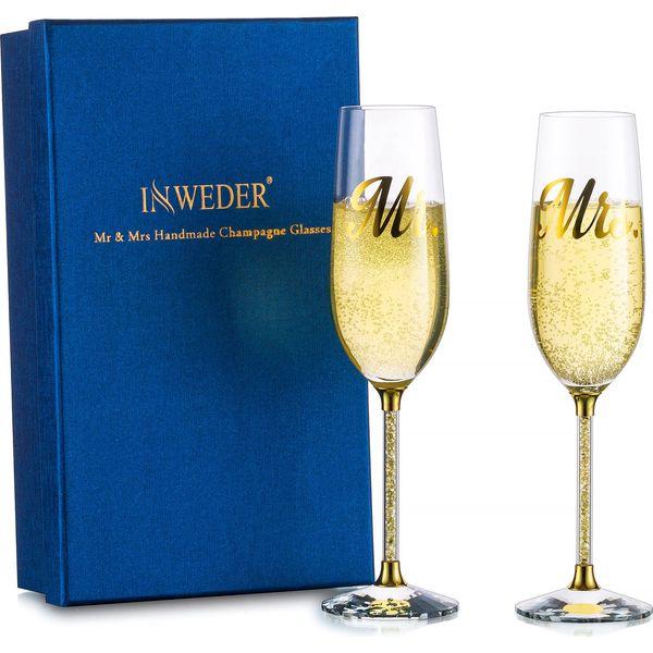 Inweder Champagne Flutes glasses Crystal - Set of 2 Gold Personalised Champagne Glass with Gift Box Mr & Mrs Champagne Flute Gift Set for Wedding Birthday Engagement Anniversary Bridesmaid Bride Groom