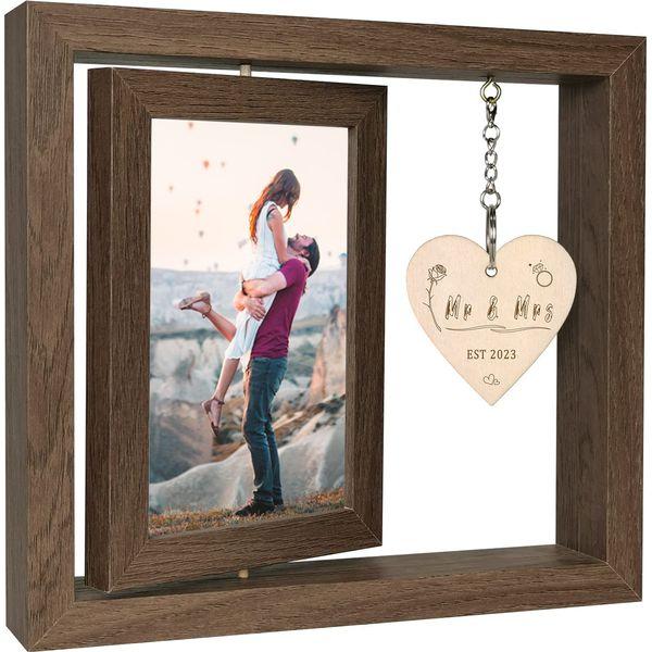 EYITUPC Rotating Floating Mr and Mrs EST 2023 Photo Frame Anniversary Wedding Gifts for Couple 2023 - Display Two 4x6 Inch