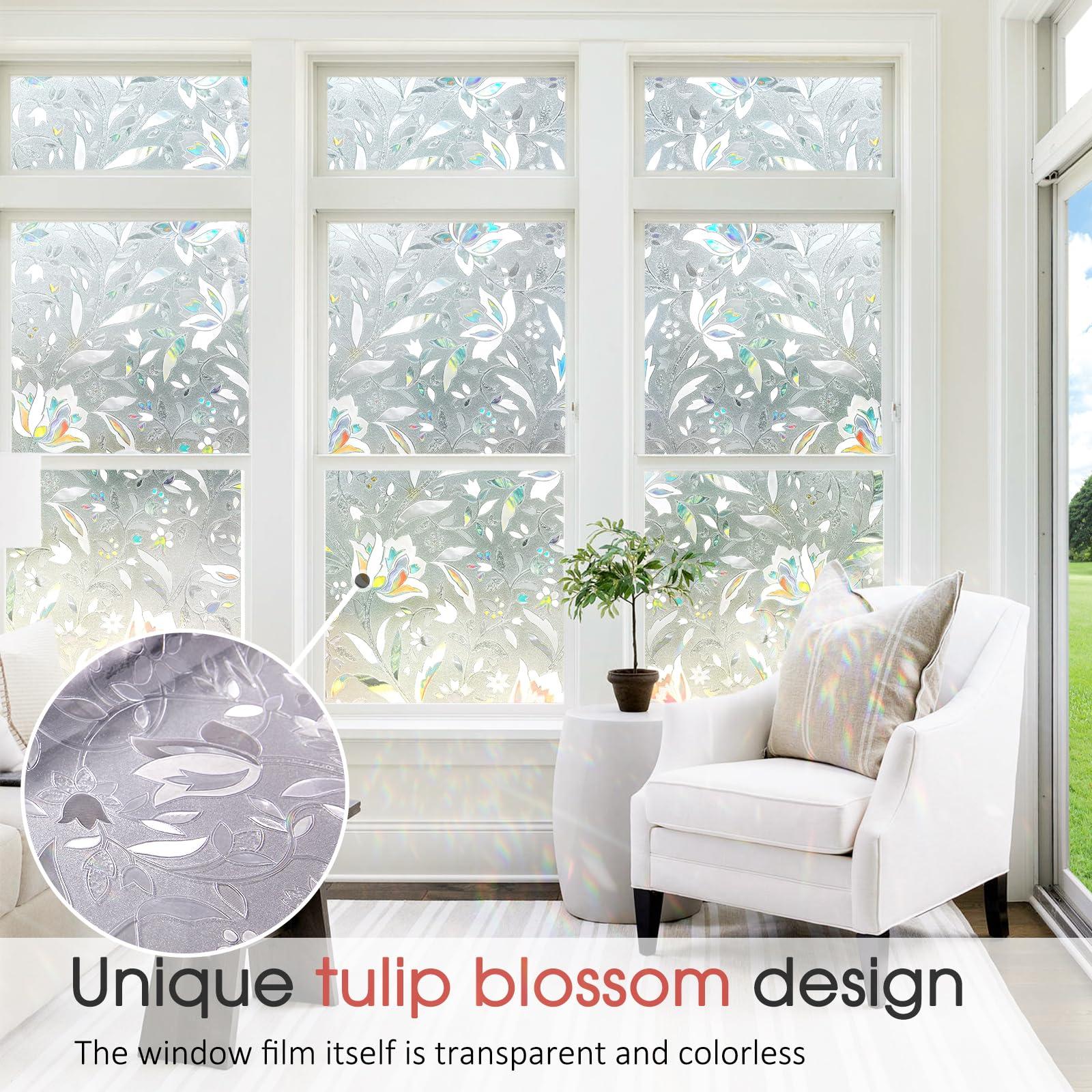 Lifetree Window Film Privacy: 3D Frosted Privacy Film for Glass Windows Tulip Decoration Pattern Opaque Glass Film Static Cling No-Glue Self Adhesive Stain Glass Vinyl Film for Home Door 90 * 400cm 1