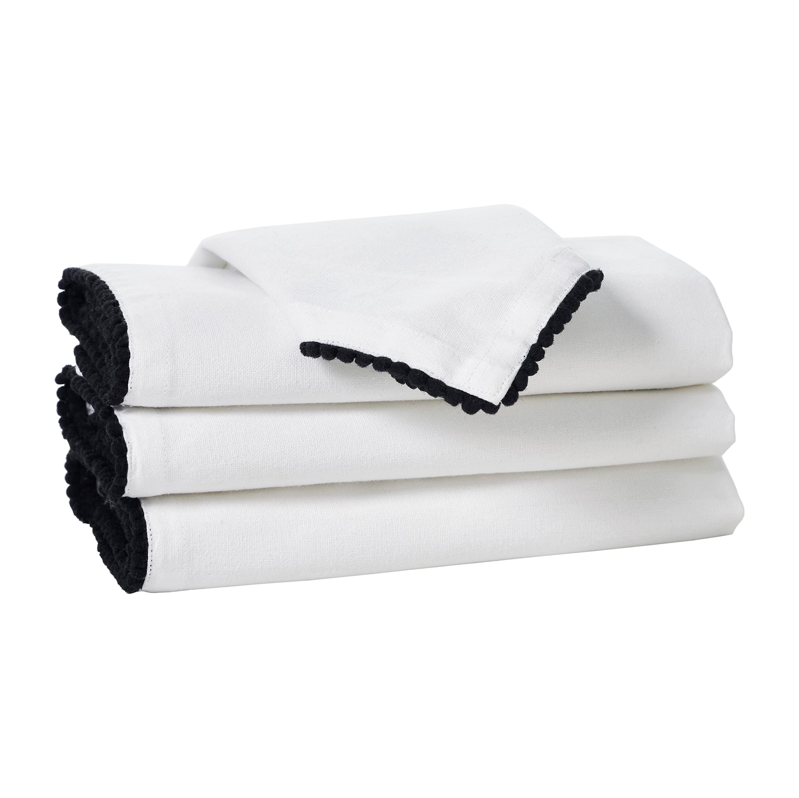 Penguin Home Set of 4 Cotton Napkin 100% Cotton Eco Friendly Sustainable Reusable Napkins - Daily Use as Dinner Napkins With Four Side Pom Pom Lace Size - 40 X 40 cm Colour - White & Black 0