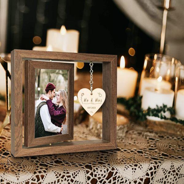 EYITUPC Rotating Floating Mr and Mrs EST 2023 Photo Frame Anniversary Wedding Gifts for Couple 2023 - Display Two 4x6 Inch 4