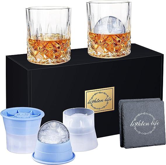 LIGHTEN LIFE Whiskey Glass Set (2 Whisky Tumbler,2 Ice Molds,2 Coasters) in Gift Box,Non-Lead Old Fashioned Glass for Bourbon Scotch,Whiskey Rock Glasses with Ice Molds 0