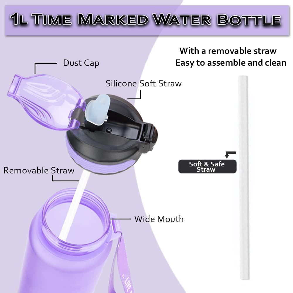 Taspire 1 Litre Time Marked Water Bottle with Straw, Leakproof BPA-free Tritan Water Bottle with Time Markings, Motivational Water Bottle with Times to Drink (Light Purple) 6