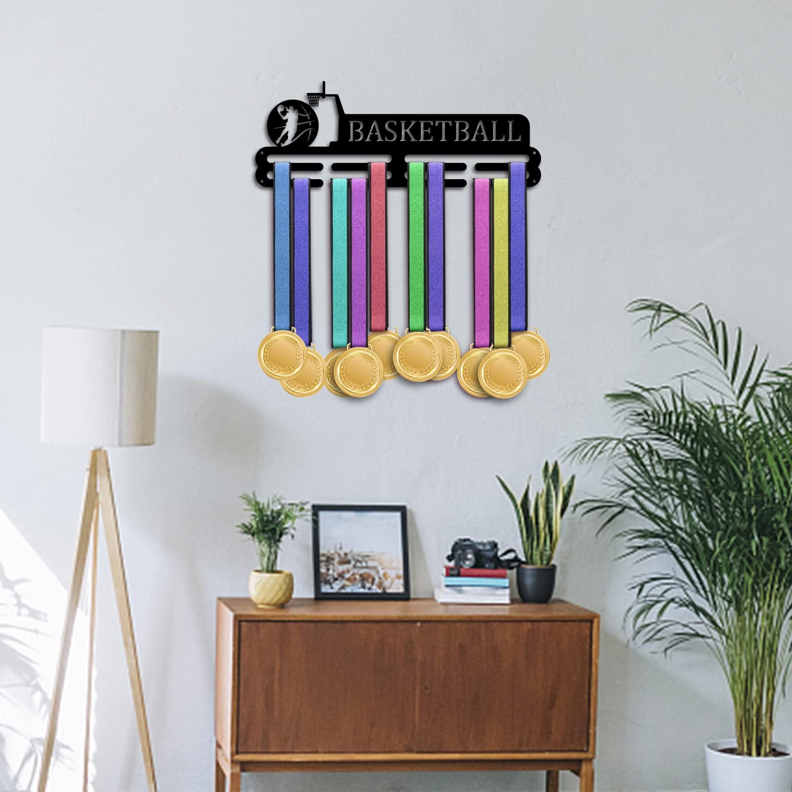 PH PandaHall Sport Basketball Medals Display Stand, Sports Competition Medal Holder Hook 3 Lines Sport Award Rack Wall Mount Iron Frame for over 50 Medals Necklace Jewellery 40x15cm/15.7x5.9inch 4