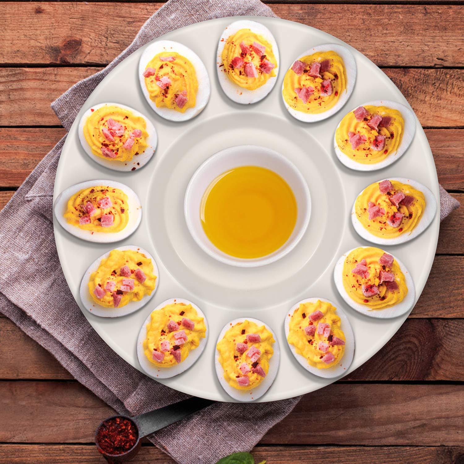 Flexzion Deviled Egg Tray - Ceramic White Porcelain 12 Cup Eggs (2 Pack) Serving Tray Catering Platter for Hard Boiled Devil Eggs, Easter Eggs Holder & Deserts Unique Decorative Kitchen Dish Plate 4