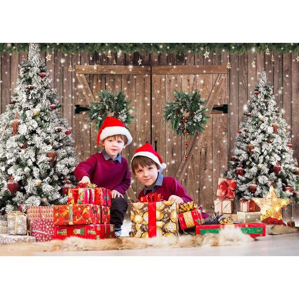 INRUI Christmas Wooden Door Pine Trees Photography Background Glitter Winter Chrisrmas Gift Boxes Family Holiday Party Decoration Backdrop (8x6FT) 2