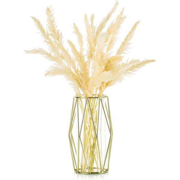 Glass Vase for Flowers Gold, Modern Small Vases for Pampas Grass with Geometric Metal Rack for Artificial Flowers Living Room Dining Table Decoration Wedding Centrepiece Ornaments, 21.5cm Height