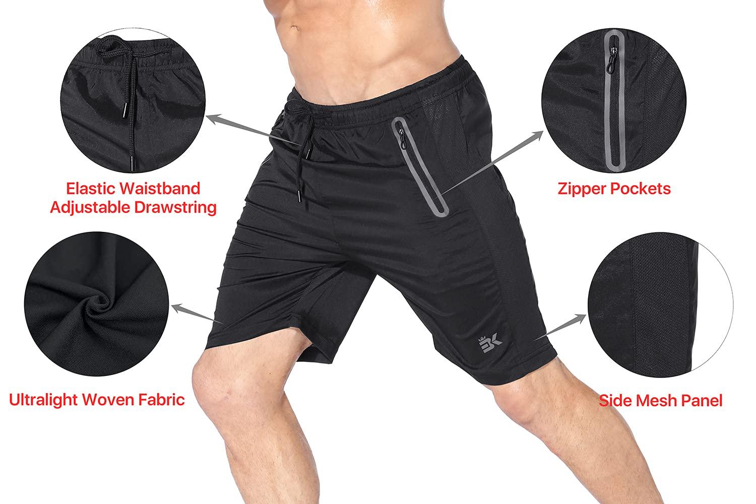 BROKIG Men's APEX Athletic Gym Shorts with Zip Pockets,Breathable Sports Cool Fit Training Shorts (XL, Black) 2