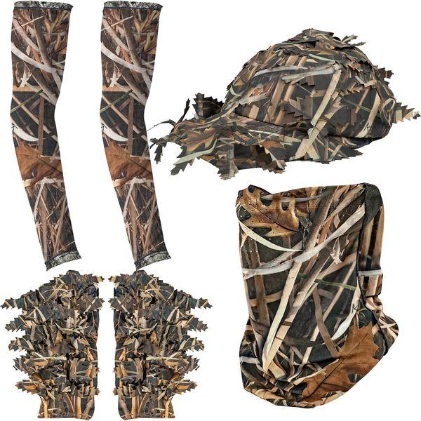 Tongcamo Hunting Face Mask Gaiter with Ghillie Hat, Camouflage Gloves Leafy, Arm Sleeves for Men Women Waterfowl Tree Camo Duck Turkey Hunting Blinds, 6 pack Hunting Accessories