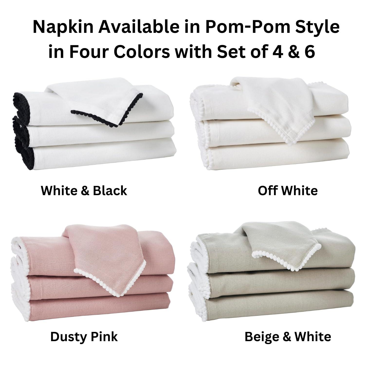 Penguin Home Set of 4 Cotton Napkin 100% Cotton Eco Friendly Sustainable Reusable Napkins - Daily Use as Dinner Napkins With Four Side Pom Pom Lace Size - 40 X 40 cm Colour - White & Black 9