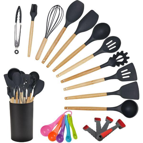 alitade 21pcs Silicone Kitchen Cooking Utensil Set Spatula Nonstick Cookware Kit with Measuring Wooden Spoons Gadgets Tools 0