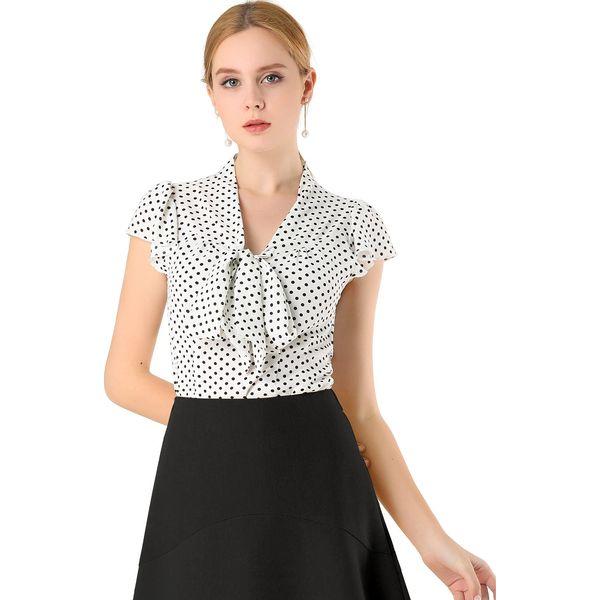 Allegra K Women's Polka Dots Office Shirt Ruffled Sleeve Tie Neck Blouse White S-8 0